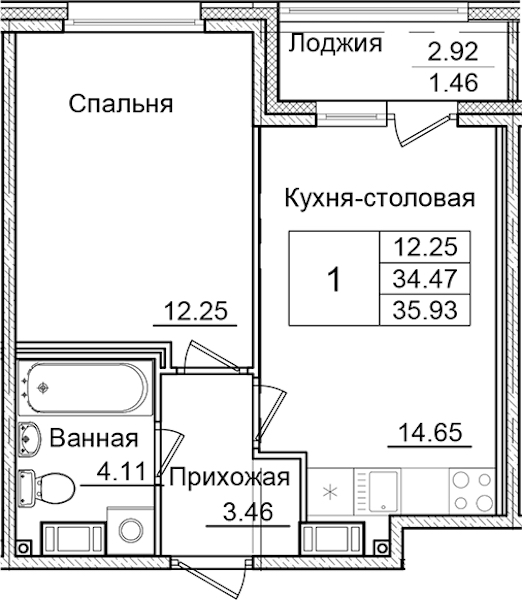 1-комнатная квартира 35.93 м², 9/9 эт., ЖК «Квартал Заречье»